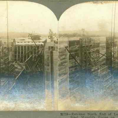 Extreme North End of Lower Lock Showing Immense Steel Monolith Forms on Tracks, Used in Construction Work, Gatun, Panama Canal