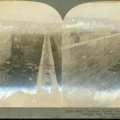 East Chamber, Lower Lock, Cofferdam at North and Beyond Two Dredges at Work Excavating; Gatun, Panama Canal