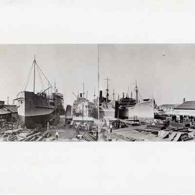 Merrill-Stevens Shipbuilding Co. view of dock and buildings.