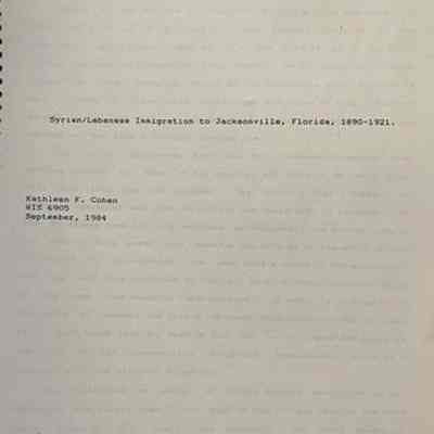 Syrian/Lebanese immigration to Jacksonville, Florida, 1890-1921