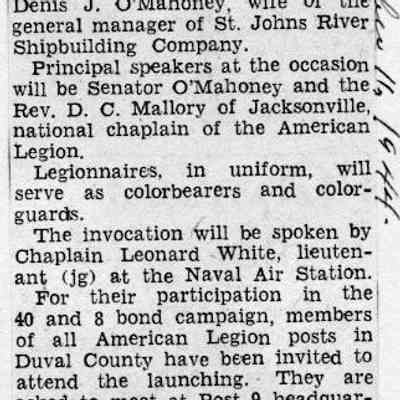Honor slated for Pioneer at Launching: S.S. Henry B. Plant Will Go Down Ways At St. Johns Yard Today