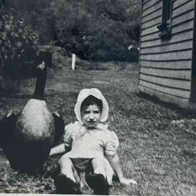 Gladys Furman with her mother, Agnes, and 50 year old Canadian goose. The garage was built with lumber from Mahwah's old wooden schoolhouse by Francis