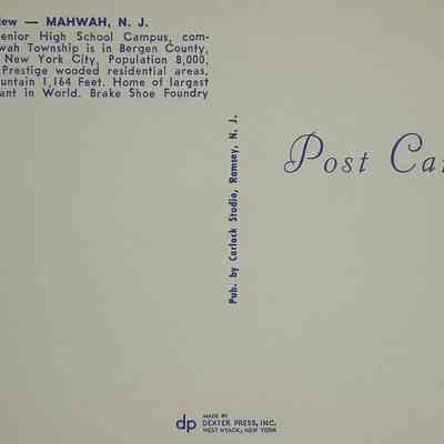 Back of the postcard which includes a few details about the Mahwah Junior-Senior Highschool.