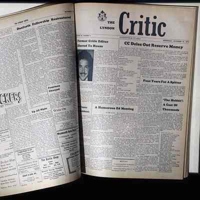 Another example of interior pages of this Critic bound volume: At right is the front page of The Critic dated November 10, 1976. The article at the left, under the masthead tells the story of Michael Fournier, former Critic editor and a current member of the Manor Vail Society in 2024, upon having been elected to Vermont's House of Representatives