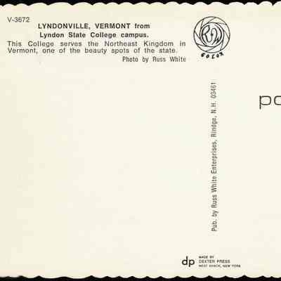 Message/address side of the postcard, unused.: Postcard has scalloped edges, photo by Russ White, published by Russ White Enterprises, Rindge, NH 03461. Printed by Dexter Press, West Nyack, New York.