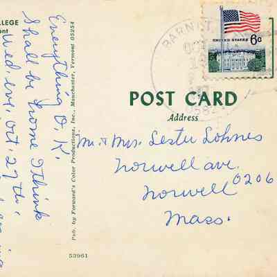 Address, message and stamp area of the back side: Koppel Color Cards, Hawthorne, N.J. - mailed from Barnet VT to Norwell MA