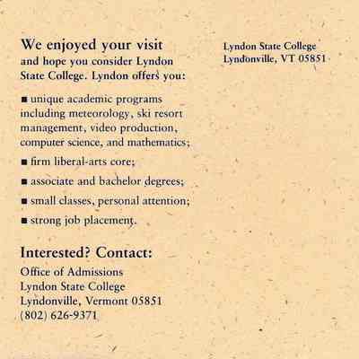 Information and address panel of the Admissions follow-up postcard, circa 2000s: All images for this listing exist as digital images only in Vail Museum - digitized by Michael Thurston