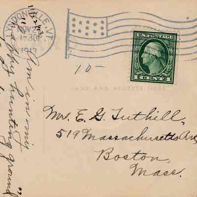 Message and address back side of the postcard with a 1¢ stamp attached. The 10- written in pencil below the cancellation mark is most likely the price of the postcard as a collectible: All images for this listing exist as digital images only in Vail Museum - digitized by Michael Thurston