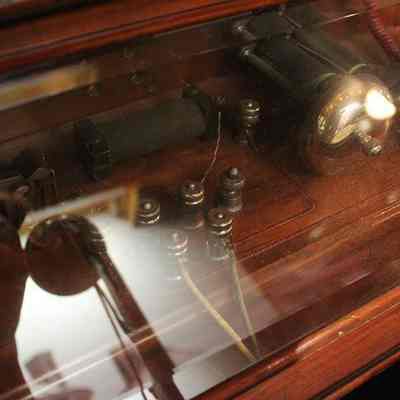 Close-up of the 1892 "Blue Bell" Telephone Desk electronics