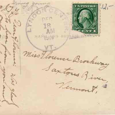 Address and message side of the card wit DED 18 AM 1918 dater stamp from Lyndon Center, VT to Saxton's River, VT: The 12.- writing to the right of of partially damaged 1 cent stamp is most likely the price of this card as a collectible at the time of its purchase in 2015