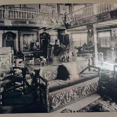 Inside the great room at Vail Mansion, circa 1915: This image is the interior of the first Vail addition pictured above in 1888