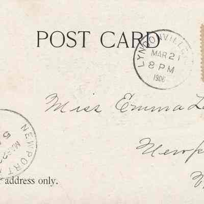 Address side of postcard mailed from Lyndonville, VT to Newport, VT in March, 1906: Date stamped MAR 21 - 8 PM - Lyndonville, received MAR 22 5 AM - Newport