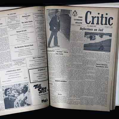 Interior pages of this Critic bound volume: Shown, at right, is the Critic cover of October 9, 1973. The picture, at left of The Critic masthead, is of Kathy Powers, a head resident in the Stonehenge dorm complex.