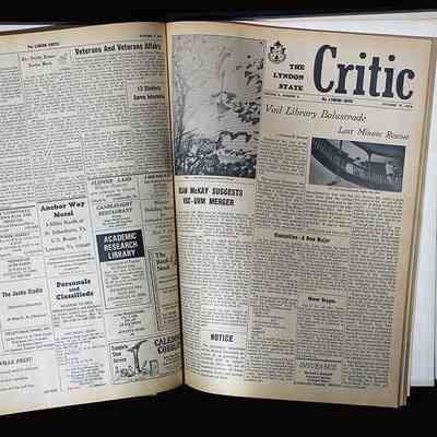 Another example of interior pages of this Critic bound volume: At right is the front page of The Critic dated October 14, 1974. The article under the masthead tells the story of the Library balustrade rescue operation, detailed in inventory item 2024.780.1