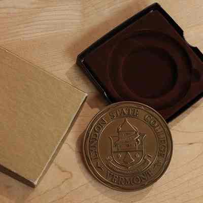 Lyndon State College Service Award Medallion - front view with box and insert