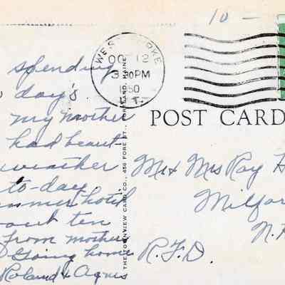 Address side of postcard with message, address and postal stamp - Townview Card Co. Portland, ME.: Note the 10- written top center right - most likely the asking price for this postcard as a collectible