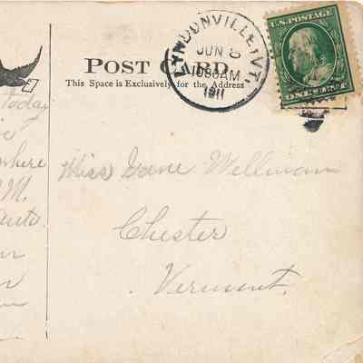 This is the message and address side of the postcard, showing a destination of Chester, VT, and a date stamp of JUN 8, 10:30 AM, 1911 from Lyndonville, VT