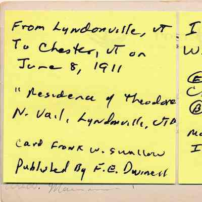 Dave Kanell’s Post-It® notes with details about the postcard image and mailing history Includes notes about the family history of the sender, possibly - Irene Ardella Wellman, b. 1896, with father Charles E. Wellman b. 1863 and mother, Ida May Holden Wellman b. 1869, married in 1887: Includes notes about the family history of the sender, possibly - Irene Ardella Wellman, b. 1896, with father Charles E. Wellman b. 1863 and mother, Ida May Holden Wellman b. 1869, married in 1887.
All images for this listing exist as digital images only in Vail Museum - digitized by Michael Thurston