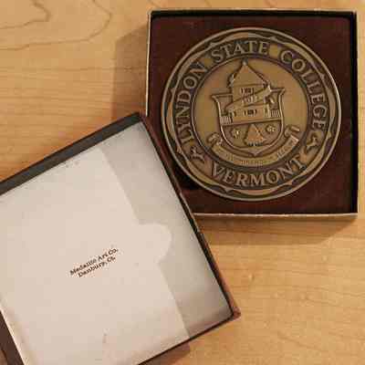 Lyndon State College Service Award Medallion - front view with box: Medallion Art Co., Danbury, CT