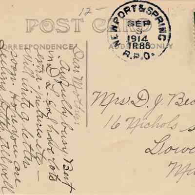 Address side of postcard with message, address and postal stamp.: Note the 12- written top center - most likely the asking price for this postcard as a collectible