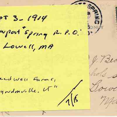 Dave Kanell’s Post-It® notes with details about the postcard image and mailing history: All images for this listing exist as digital images only in Vail Museum - digitized by Michael Thurston