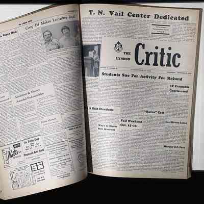 Interior pages of this Critic bound volume: Shown, at right, is the Critic cover of September 29, 1976. The article, at left above The Critic masthead, is about the dedication of the brand new T.N. Vail Center, the building that replaced Vail Mansion