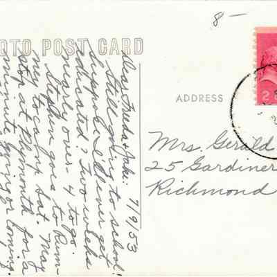 Address side of postcard with message, address and postal stamp area: Note the 8- written top center right - most likely the asking price for this postcard as a collectible