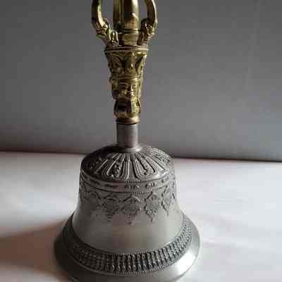 Bronze Tibetan Prayer Bell with Prajanparamita Face