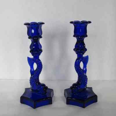 19th c. Blue Pressed Glass Dolphin Candlesticks