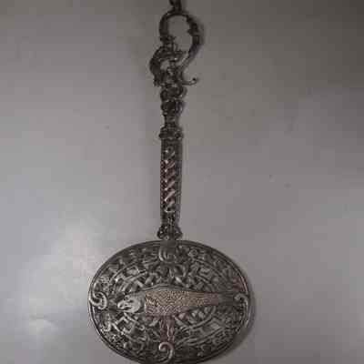 Silver Fish Serving Spoon with Animal Decorations
