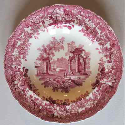 Pink Transferware Soup Bowl with Ruin Scene