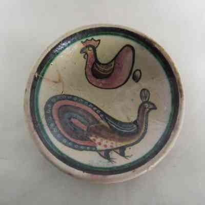 19th/20th c. Italian Earthenware Bowl with Peacock & Laying Hen