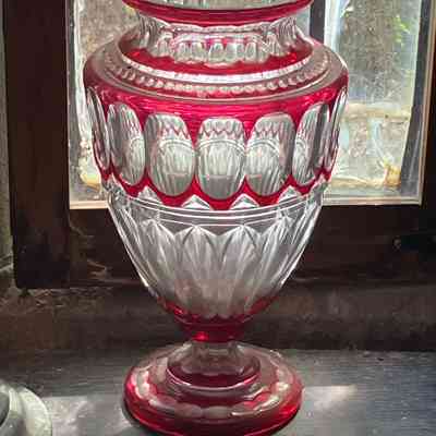 Austrian Clear Glass Urn/Vase w Red Details