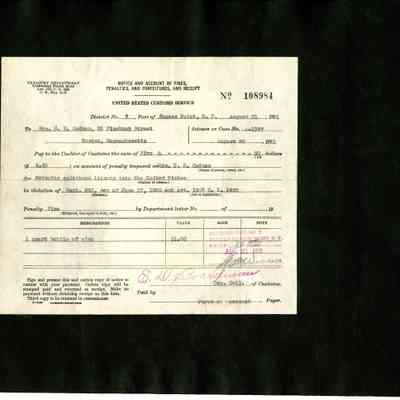 SCRB-18 p(158)1931-08-21 US Customs fine for bringing wine