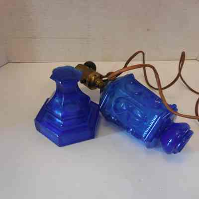 Blue Sandwich Glass Lamps with Pressed Panel Sides, set of 3