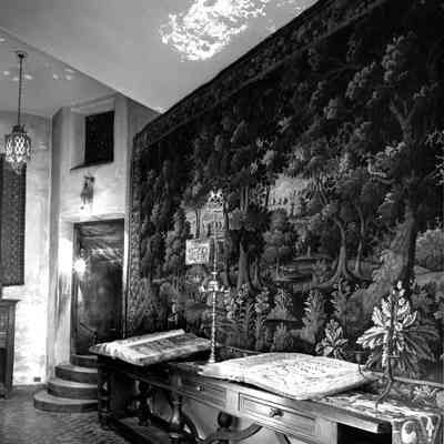 17th c. Brittany Verdure Tapestry with Forest-Garden Scene & Village