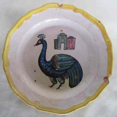 19th/20th c. Italian Earthenware Bowl with Peacock & Buildings
