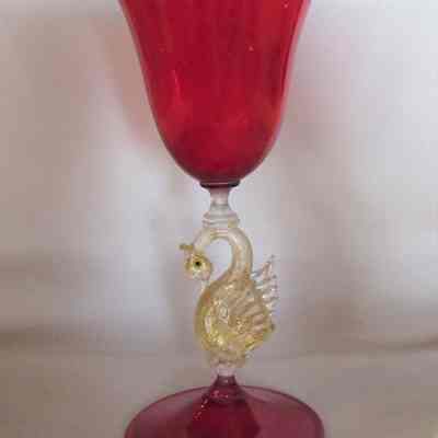 Red Glass Goblets with Swan Stem