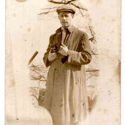 Photocard ca1920 JHH Jr with binoculars, Lookout Hill, Gloucester