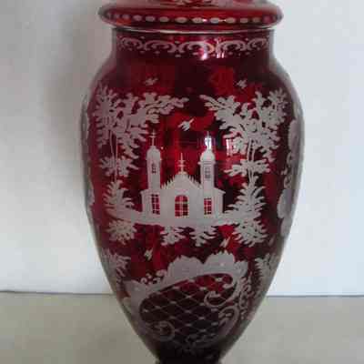 Etched Red Glass Urns with Covers