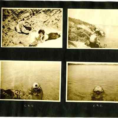 SCRB-18 p(101) lady on ocean rocks, scuba diver