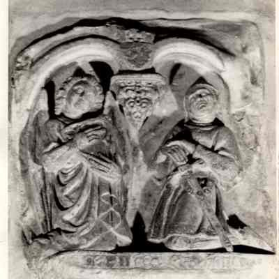 14th c. Relief of Angel with harp & St Cecilia with sword