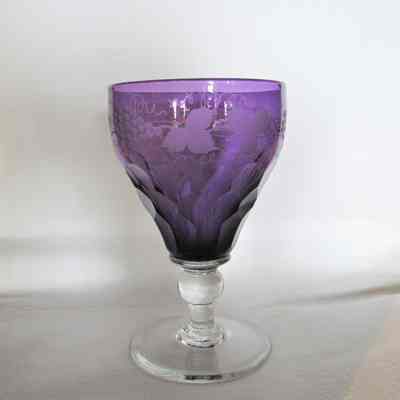 Purple Goblet with Clear Base with Etched Grape Leaves