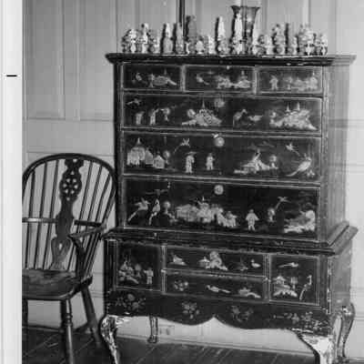 ca. 1740 Lacquered Highboy Decorated with Oriental Scenes