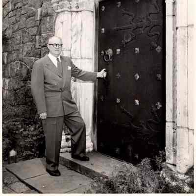 Mr. Hammond at laboratory door - the Italian Agnus Dei doorway ca 1960