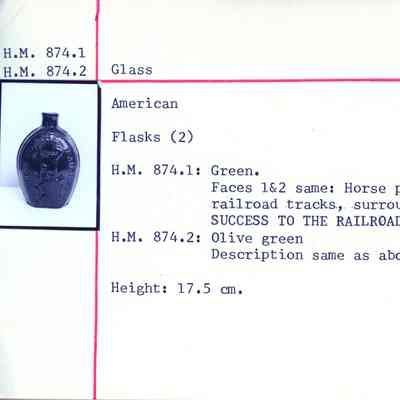 Green Glass Flask Stamped "Success to the Railroad"