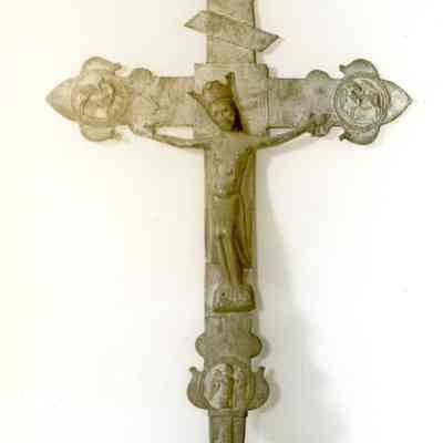 Limoges Painted Metal Crucifix with 4 Evangelists Symbols
