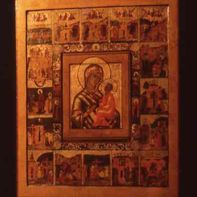 17th c Russian icon of Tikhvin Mother of God with scenes around border