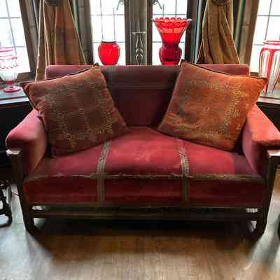 Rose Velvet Upholstered Sofa with Metallic Gold Braid