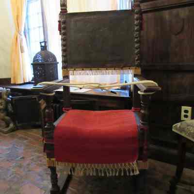 15-16th c. Italian Armchairs with Embossed Leather Backs with Fringe & Finials